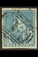 1852  (1d) Blue On Blued Paper, Britannia, SG 3, Superb Used With Large Margins All Round And Extremely Light Barred "1` - Barbados (...-1966)