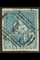 1852  (1d) Blue On Blued Paper, Britannia, SG 3, Superb Used With Large Margins All Round And Extremely Light Barred "1` - Barbades (...-1966)