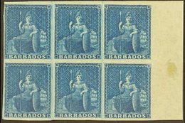 1852  1d Blue Imperf With Margins To All Sides, SG 3, Mint Marginal Block Of 6, 2 Stamps Are Never Hinged (1 Block Of 6) - Barbades (...-1966)