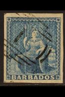 1855-58  (1d) Pale Blue Britannia, SG 9, Large To Huge Margins And Crisp "1" Cancel. For More Images, Please Visit Http: - Barbados (...-1966)