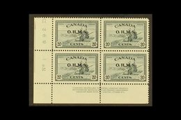 OFFICIAL  1949 20c Slate "Harvester" With "O.H.M.S." Overprint, A Lower Left Corner Control Block Of Four, One Stamp Sho - Sonstige & Ohne Zuordnung