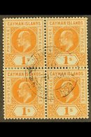 1905  1s Orange Wmk Mult Crown CA, SG 12, BLOCK OF FOUR Very Fine Cds Used. For More Images, Please Visit Http://www.san - Iles Caïmans