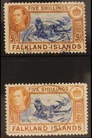 1938-50  KGVI 5s Blue & Chestnut, SG 161 & 5s Indigo & Pale Yellow Brown, SG 161b, Very Fine, Cds Used (2 Stamps) For Mo - Falklandeilanden