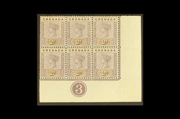 1895-99  2d Mauve And Brown, SG 50, Superb Lower Right Corner Plate "3" Corner Block Of Six, Stamps Never Hinged Mint Wi - Grenada (...-1974)