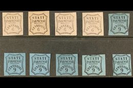 PARMA  NEWSPAPER STAMPS - 1853 - 7 Unissued 6c Black On Pale Rose (4) And 9c Blue (3) And Pale Blue (3) Including "CFN"  - Zonder Classificatie