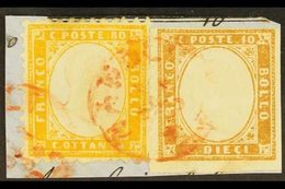 1862  80c Yellow Perf 11½x12 (SG 4, Sassone 4) And Sardinia 1861-63 10c Bistre Imperf (SG 40, Sassone 15E), Together Use - Non Classificati