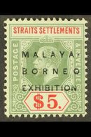 1922 MALAYA BORNEO EXHIBITION VARIETY.  $5 Green & Red/blue Green, MCA Wmk, "No Stop" Variety, SG 249f, Fine Mint, Scarc - Straits Settlements