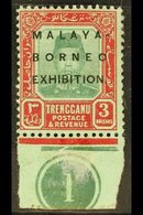TRENGGANU  1922 MALAYA BORNEO EXHIBITION $3 Green & Red/green Control Single, SG 57, Mint, Light Margin Crease Does Not  - Other & Unclassified