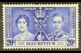 1937  20c Bright Blue, Coronation, Variety "Line By Sceptre", SG 251b, Very Fine Mint. For More Images, Please Visit Htt - Mauritius (...-1967)