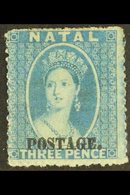 NATAL  1869 3d Blue, Rough Perf 14 - 16, Ovptd Small Capitals With Stop, SG 54, Very Fine Mint, Large Part Og. Pretty St - Ohne Zuordnung