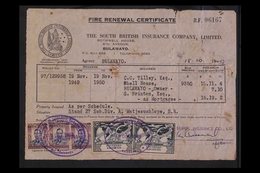 REVENUE DOCUMENT  1949 FIRE RENEWAL CERTIFICATE Bearing 2s6d KGVI (x3) & 2d UPU (x2) Stamps Tied By Violet Oval "Bulaway - Rhodesia Del Sud (...-1964)