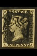 1840  1d Black 'DJ' Plate 7 With The "O" Flaw, SG 2, Used With 4 Margins & Black MC Cancellation. A Very Pretty Stamp. F - Non Classificati