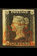 1840  1d Black 'RA' Plate 8, SG 2, Used With 4 Small To Huge Margins, Very Fine Red MC Cancellation. For More Images, Pl - Unclassified