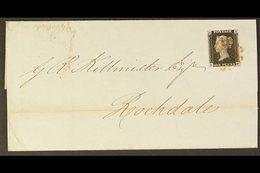 1841  (Jan 13) Cover From Liverpool To Rochdale Bearing 1d Black 'EB', Plate 5, 4 Clear To Good Margins, Tied By Red Mal - Unclassified