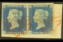 1840  2d Pale Blue HORIZONTAL PAIR, Lettered "J K - J L", Plate 1, SG 6, Fine Used With Four Margins All Round, And Tied - Other & Unclassified