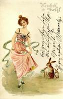 Jugendstil Frau Hase Klappkarte Innen Mit Wabenballon Litho I-II Art Nouveau - Other & Unclassified