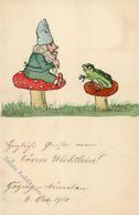 Handgemalt Zwerg Frosch Pilz  Künstlerkarte I-II Peint à La Main Grenouille Lutin - Ohne Zuordnung