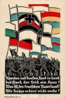 WK I, Farbige Kriegspostkarte, Schwaben Und Preussen .., Alters- Beförderungsspuren, Per Feldpost, Makaberer Ortsstpl. S - War 1914-18