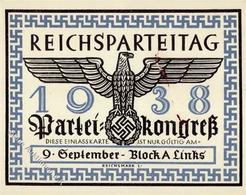 Reichsparteitag Nürnberg WKII - Einlasskarte 9. Sept. Parteikongreß 1938 -senkr. Gefaltet- - Weltkrieg 1939-45