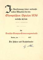 Verleihungsurkunde WK II Deutsche Olympia Erinnerungsmedaille I-II - War 1939-45