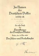 Verleihungsurkunde WK II Ehrenkreuz Der Deutschen Mutter 1. Stufe II- (fleckig, Einschnitt) - War 1939-45
