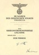 Verleihungsurkunde WK II Kriegsverdienstkreuz 2. Klasse I-II - War 1939-45
