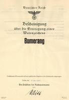 WK II Bescheinigung über Die Eintragung Eines Warenzeichens Bumerang I-II (Stauchung) - War 1939-45