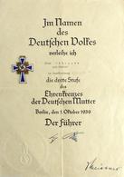 WK II Orden Ehrenkreuz Der Deutschen Mutter 3. Stufe Mit Verleihungsurkunde I-II - War 1939-45