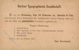 Vorläufer 1887 Berlin (1000) Typographische Gesellschaft Vereins Sitzung 12. Februar II (fleckig) - Altri & Non Classificati