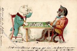 Schach Katzen Personifiziert Lithographie 1899 I-II Chat - Echecs