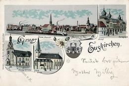 Euskirchen (5350) Ev. Kirche Kath. Kirche Synagoge Eisenbahn Bahnhof Lithographie 1898 II (Stauchung) Chemin De Fer Syna - Kamerun