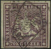 WÜRTTEMBERG 42a O, 1873, 70 Kr. Braunlila, Unten Schmal Sonst Vollrandig, Zwei Helle Stellen Sonst Pracht, Gepr. Pfennin - Autres & Non Classés