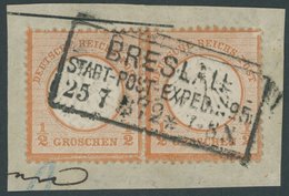 1872,  1/2 Gr. Ziegelrot Im Waagerechten Paar, R3 BRESLAU STADT-POST-EXPED. N 95, Normale Zähnung, Prachtbriefstück, Mi. - Usados