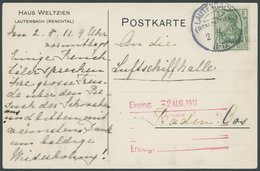 1908, 5 Pf. Germania Auf Ansichtskarte An Die Luftschiffhalle Mit Eingangsstempel Baden-Oos, Pracht -> Automatically Gen - Autres & Non Classés