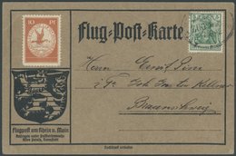 1912, 10 Pf. Flp. Am Rhein Und Main Auf Flugpostkarte, Ungestempelt, Zusatzfranaktur 5 Pf. Germania Mit Bahnpoststempel  - Sonstige & Ohne Zuordnung