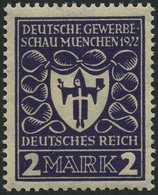 Dt. Reich 200b **, 1922, 2 M. Dunkelpurpurviolett Gewerbeschau, Pracht, Gepr. Infla, Mi. 80.- - Other & Unclassified