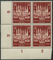 Dt. Reich 862 VB **, 1943, 12 Pf. 800 Jahre Lübeck Im Unteren Linken Eckrandviererblock, Unterrand Nicht Durchgezähnt, P - Other & Unclassified