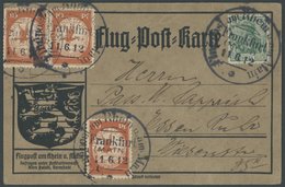 1912, 10 Pf. Flp. Am Rhein Und Main 3x Auf Flugpostkarte (geripptes Papier) Mit 5 Pf. Zusatzfrankatur, Sonderstempel Fra - Airmail & Zeppelin