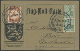 1912, 10 Pf. Flp. Am Rhein Und Main Auf Flugpostkarte Mit 5 Pf. Zusatzfrankatur Im Senkrechten Paar, Sonderstempel Mainz - Luft- Und Zeppelinpost