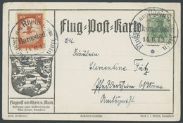 1912, 10 Pf. Flp. Am Rhein Und Main Auf Flugpostkarte (Ankunft Der Postflugmaschine Gelber Hund) Mit 5 Pf. Zusatzfrankat - Poste Aérienne & Zeppelin