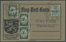 1912, 30 Pf. Flp. Am Rhein Und Main, 3x Auf Flugpostkarte, Dabei Plattenfehler Großer Mond, Mit 5 Pf. Zusatzfrankatur, S - Luft- Und Zeppelinpost