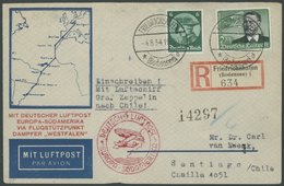 1934, 5. Südamerikafahrt, Auflieferung Friedrichshafen, Stempel B, Frankiert U.a. Mit Mi.Nr. 538x, Einschreibbrief, Prac - Luft- Und Zeppelinpost