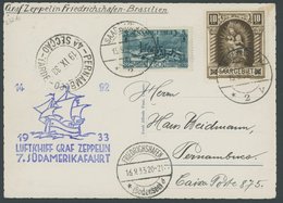 ZULEITUNGSPOST 232Aa BRIEF, Saargebiet: 1933, 7. Südamerikafahrt, Frankiert U.a. Mit Mi.Nr. 103, Prachtkarte - Airmail & Zeppelin