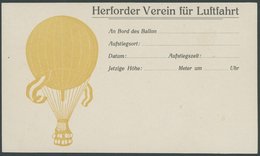 BALLON-FAHRTEN 1897-1916 1911/2, HERFORDER VEREIN FÜR LUFTFAHRT, Ungebrauchte Ballon-Finderkarte, Karte Oben Waagerecht  - Fesselballons