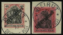 DP TÜRKEI 51/2 BrfStk, 1908, 50 C. Auf 40 Pf.und 100 C. Auf 80 Pf. Diagonaler Aufdruck, 2 Prachtbriefstücke, Mi. (155.-) - Deutsche Post In Der Türkei