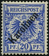 KAROLINEN 4I *, 1899, 20 Pf. Diagonaler Aufdruck, Falzreste, Pracht, Gepr. Steuer, Mi. 75.- - Karolinen