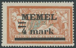 MEMELGEBIET 31IyPF Ia *, 1920, 4 M. Auf 2 Fr. Rötlichorange/hellgrünlichblau, Type I, Mit Aufdruckfehler Querbalken Der  - Memel (Klaïpeda) 1923