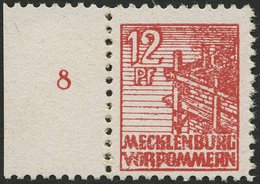 MECKLENBURG-VORPOMMERN 36xcc **, 1946, 12 Pf. Schwärzlichgraurot, Kreidepapier, Linkes Randstück, Pracht, Gepr. Kramp, M - Autres & Non Classés