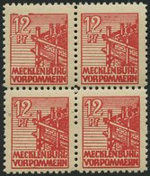 MECKLENBURG-VORPOMMERN 36zb VB **, 1946, 12 Pf. Rot, Dünnes Papier, Im Viererblock, Dabei Plattenfehler 36I, Pracht, Gep - Sonstige & Ohne Zuordnung