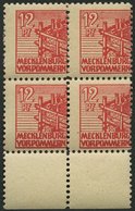 MECKLENBURG-VORPOMMERN 36zz VB **, 1946, 12 Pf. Rot, Dünnes Papier, Diagonal Genetzte Gummierung, Im Viererblock Vom Unt - Autres & Non Classés